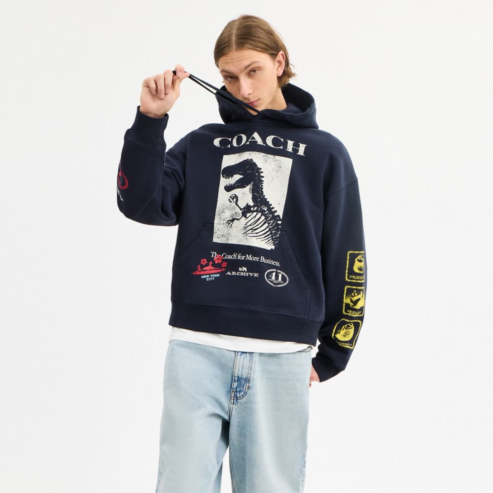 棉質恐龍拼貼圖案 T 恤休閒型連帽衫