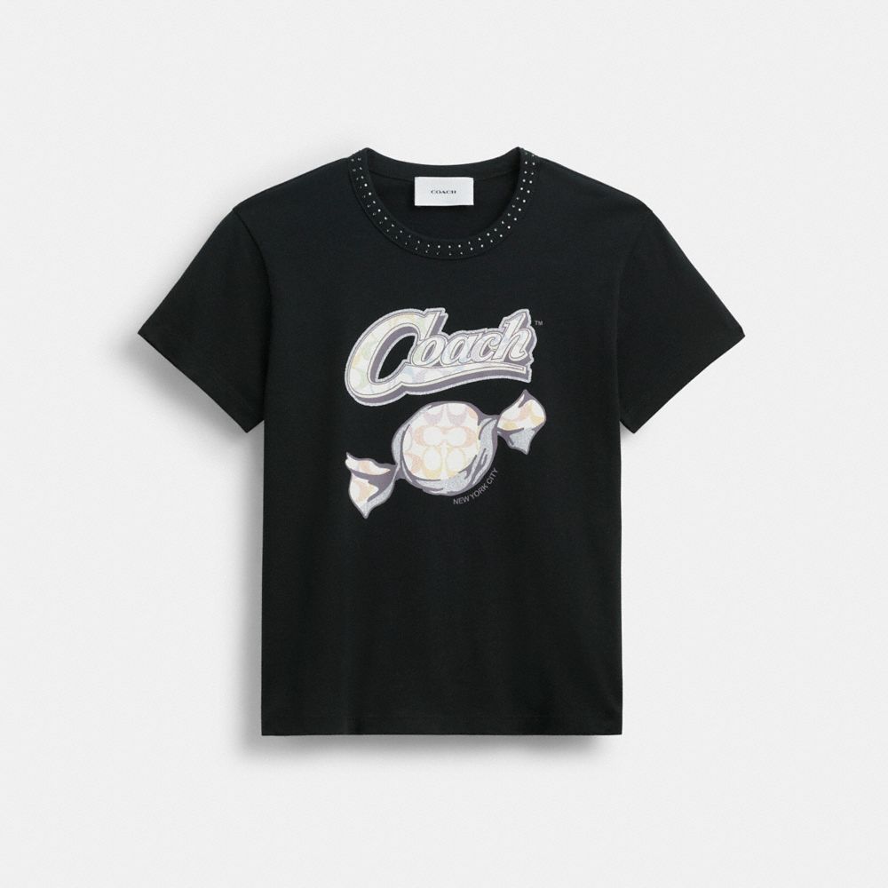 COACH&reg;,Candy 90's Fit T-Shirt In Organic Cotton,Organic Cotton,T Shirt,Logo,Rhinestones,Sustainable,Casual,Black