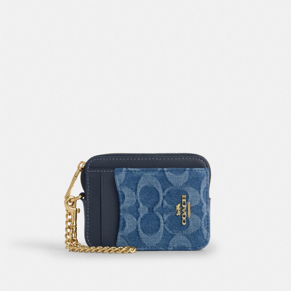 COACH&reg;,Zip Card Case In Signature Denim,Denim,Leather,Cotton,Coin,Wristlet,Card Case,Metal,Mixed Media,Logo,Casual,Blue,Front View