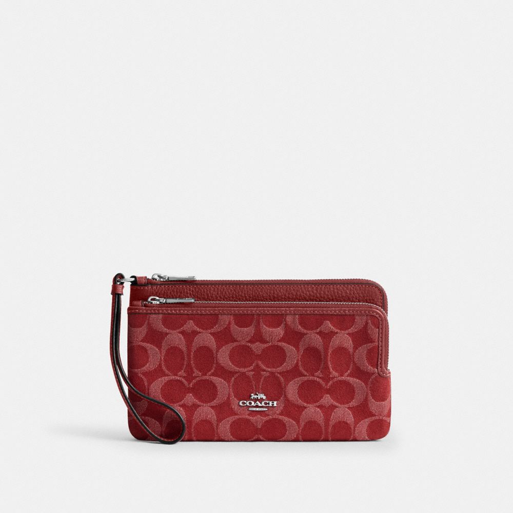 COACH CDN22 Double Zip Wallet In Signature Denim Silver/True Red