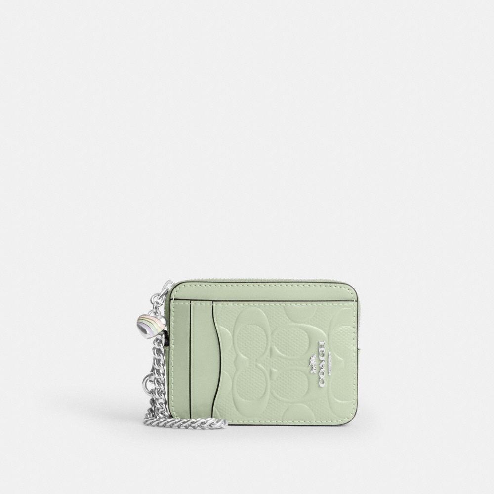 COACH CDQ15 Zip Card Case In Signature Leather With Heart Charm SILVER/PALE GREEN