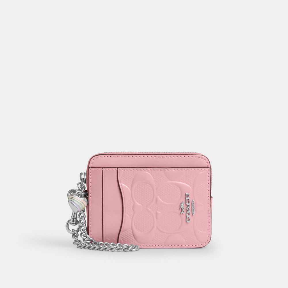 COACH CDQ15 Zip Card Case In Signature Leather With Heart Charm SILVER/PINK