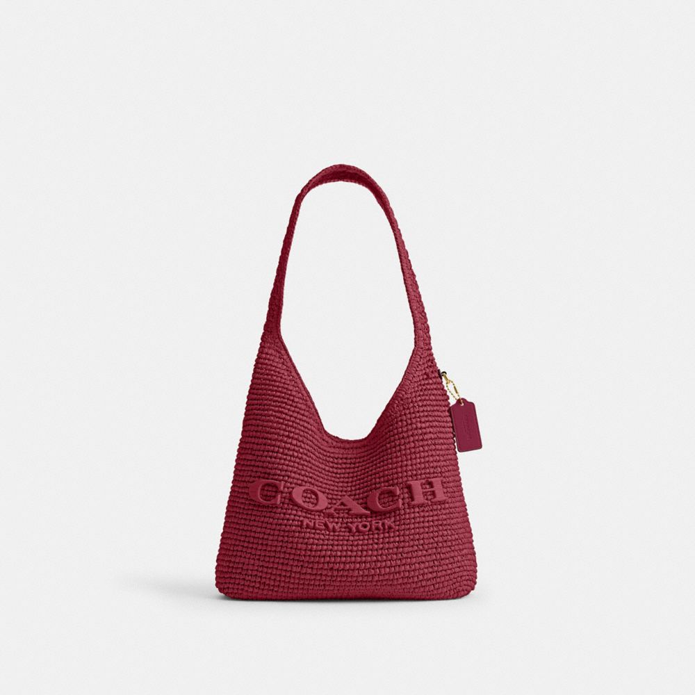 COACH&reg;,Brooklyn Shoulder Bag 28,Calfskin Leather,Hobo,Straw,Logo,Applique,Pendant,Brass,Casual,Brass/Dark Fuchsia