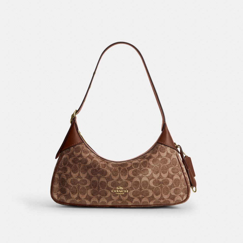 COACH CDV37 Ella Small Shoulder Bag In Signature Chenille GOLD/LIGHT KHAKI/VINTAGE BROWN