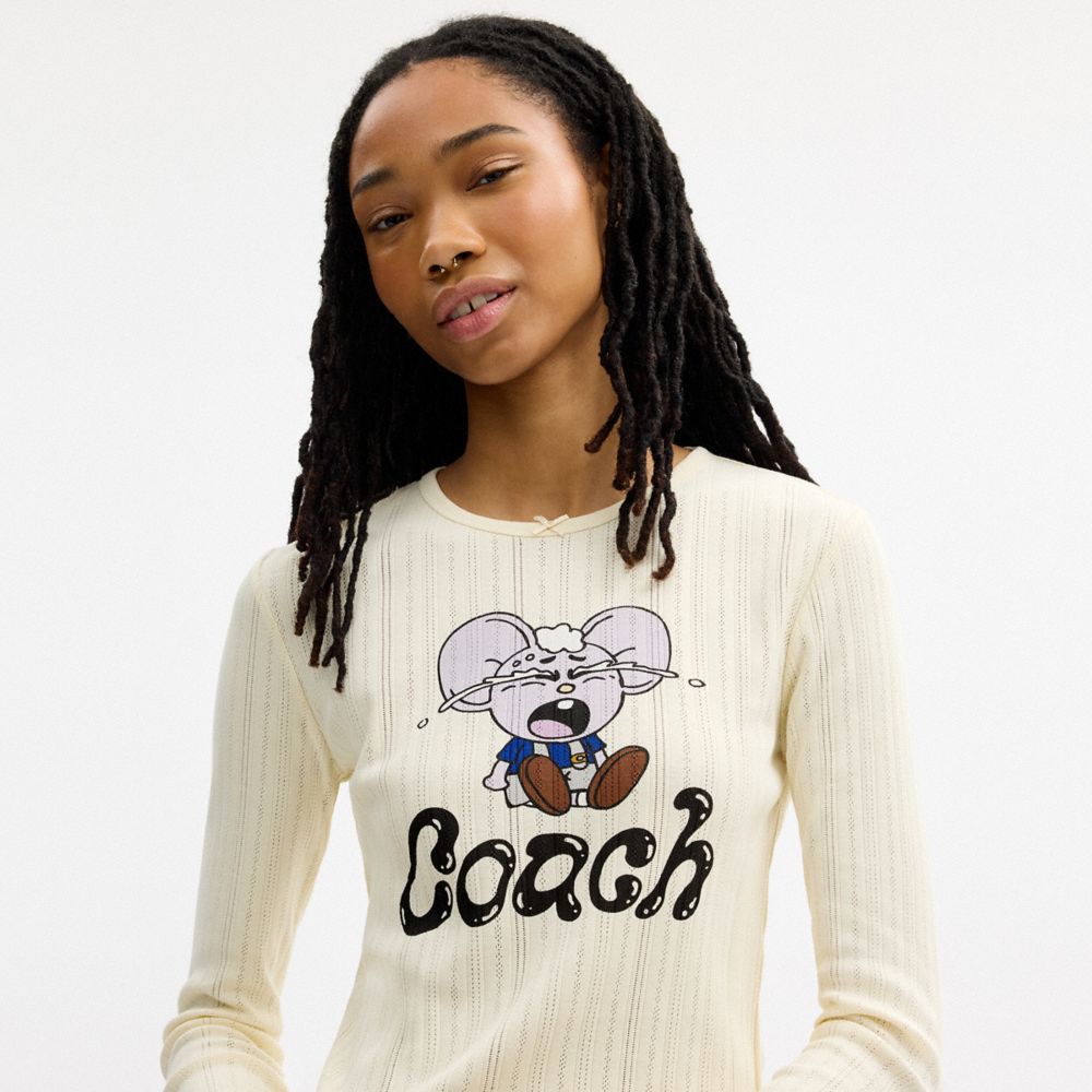 COACH | BRAIN DEAD KACHI MOUSE GRAPHIC LONG SLEEVE POINTELLE TOP