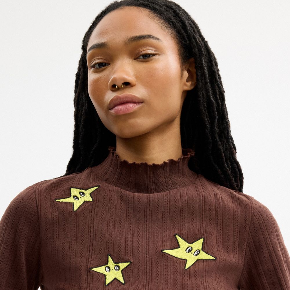 COACH | BRAIN DEAD GRAPHIC POINTELLE MOCKNECK TOP