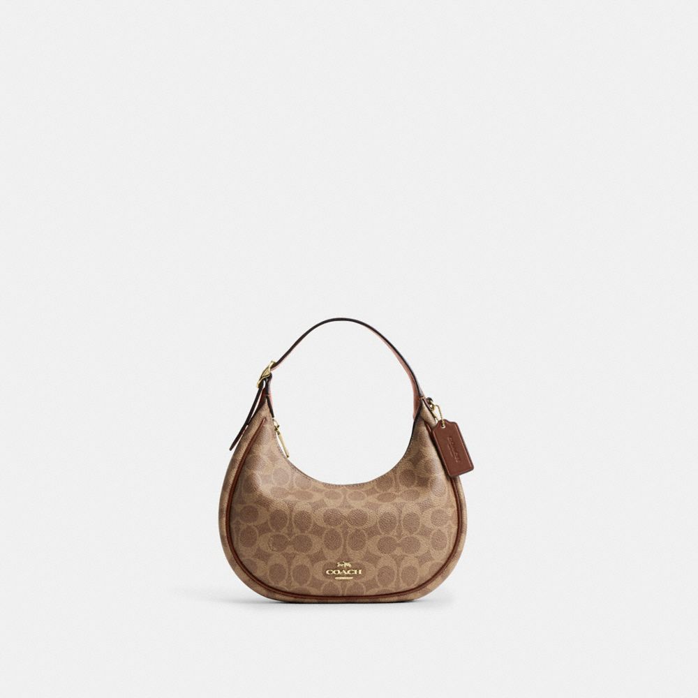 COACH&reg;,Emily Shoulder Bag In Signature Canvas,Leather,Recycled Polyester,Canvas,Shoulder Bag,Metal,Pendant,Piping,Logo,Sus...,Gold/Tan/Brown