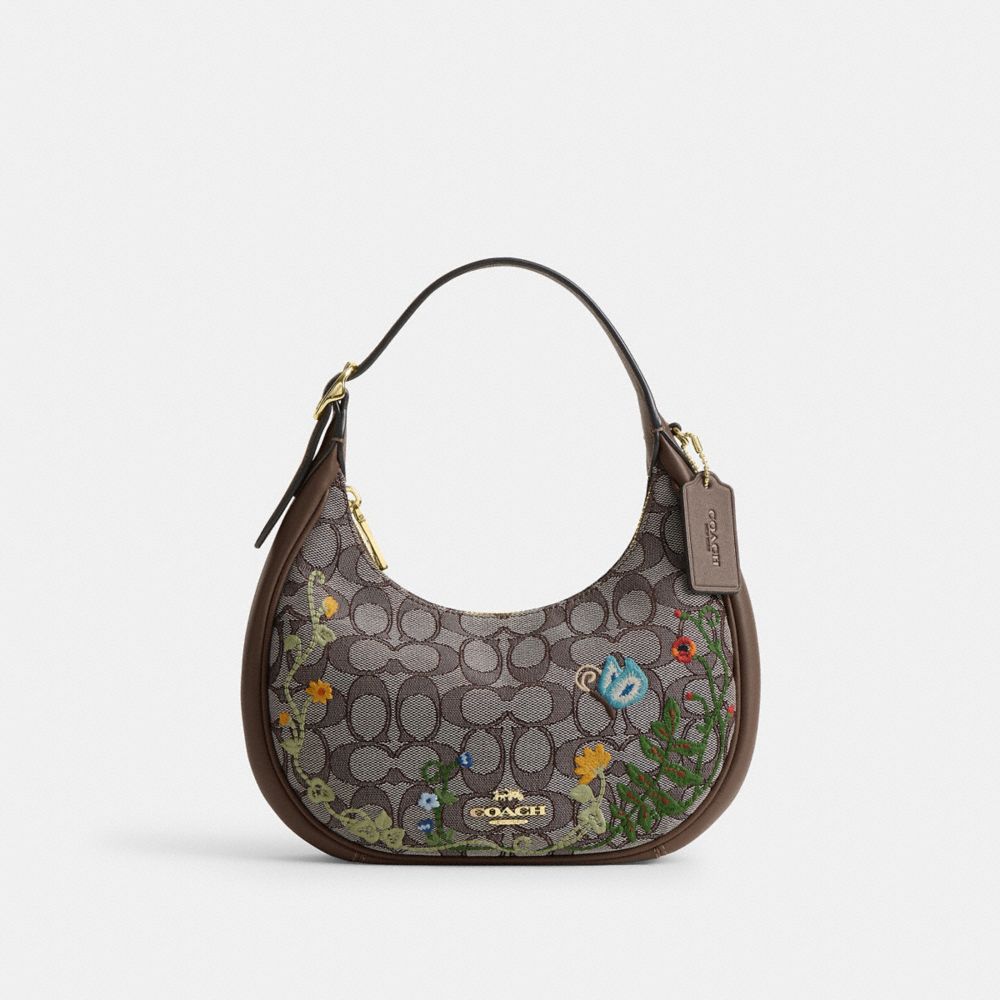 COACH CDX19 Emily Shoulder Bag In Signature Jacquard With Floral Embroidery GOLD/OAK MULTI