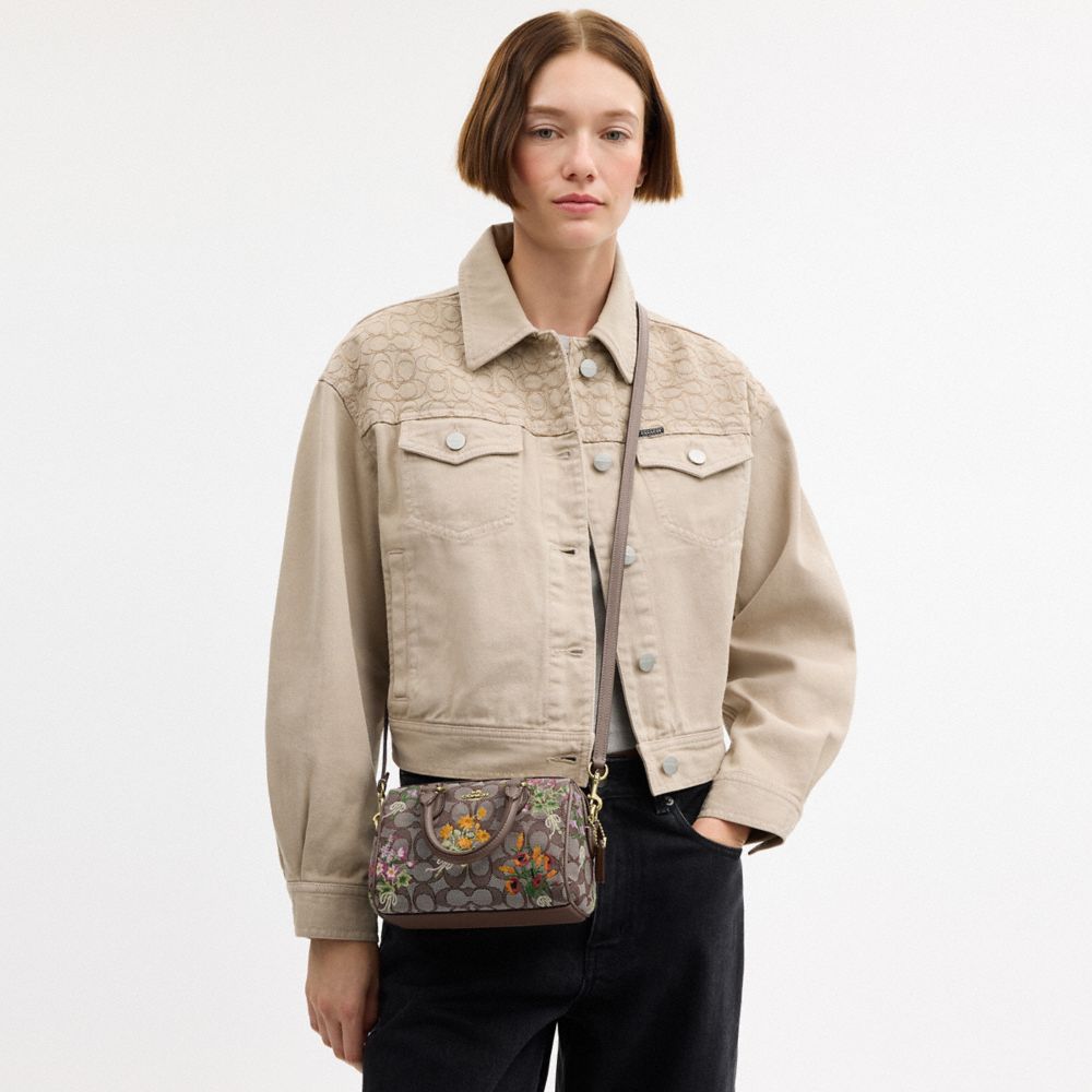 MINI ROWAN CROSSBODY BAG IN SIGNATURE JACQUARD WITH FLORAL EMBROIDERY
