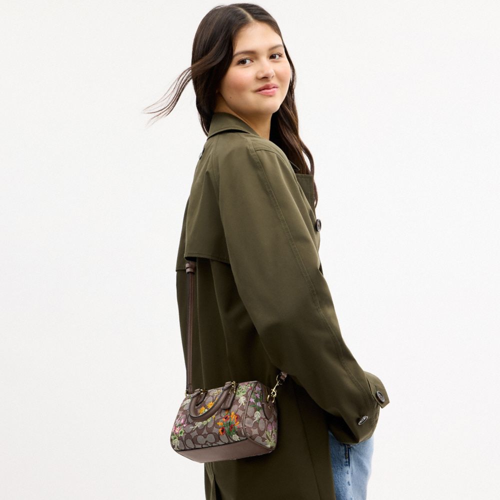 MINI ROWAN CROSSBODY BAG IN SIGNATURE JACQUARD WITH FLORAL EMBROIDERY