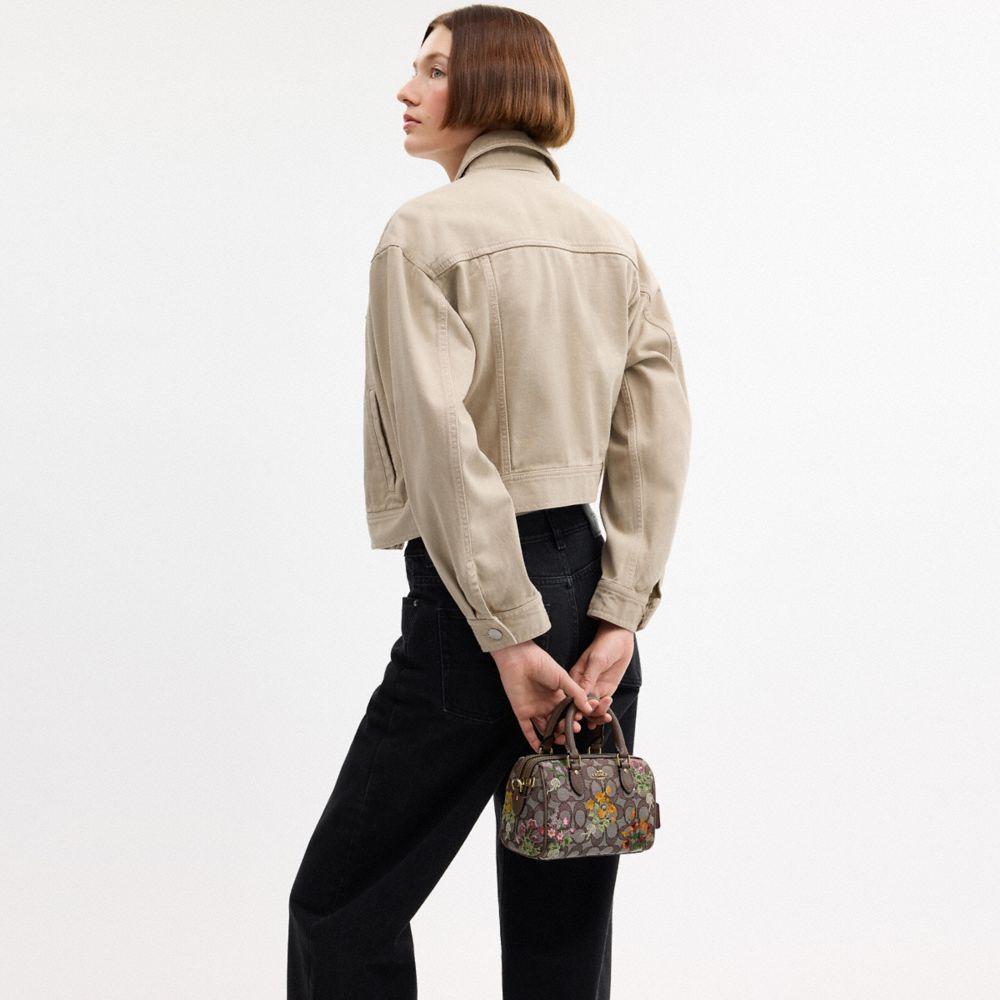 MINI ROWAN CROSSBODY BAG IN SIGNATURE JACQUARD WITH FLORAL EMBROIDERY
