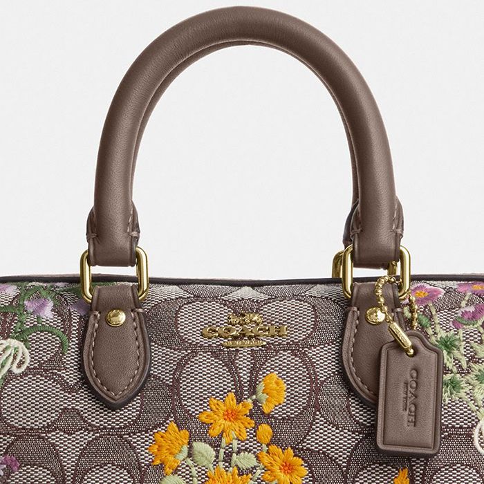 MINI ROWAN CROSSBODY BAG IN SIGNATURE JACQUARD WITH FLORAL EMBROIDERY