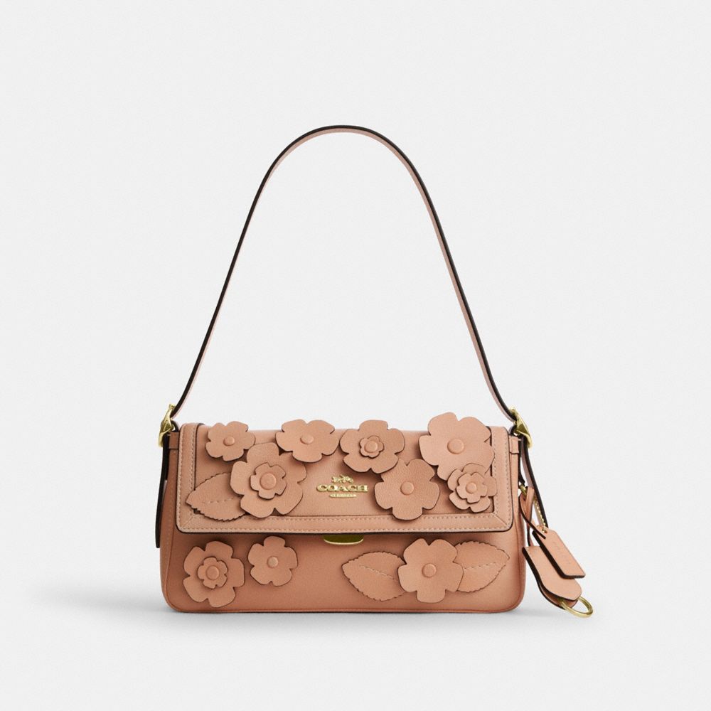 Etta Small Flap Shoulder Bag With Floral Applique - CDY43 - Gold/Light Pink