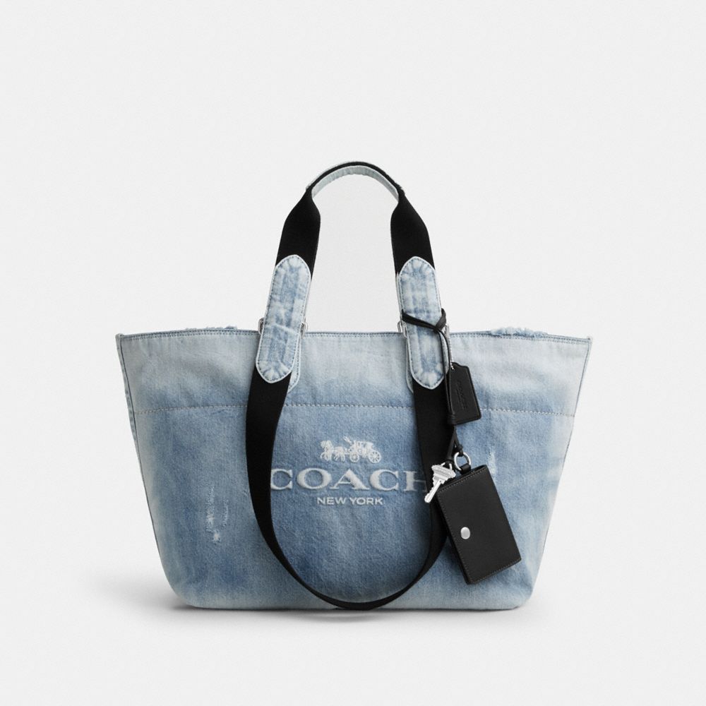 Small Tour Tote Bag In Loved Denim With Charms - CDY49 - Silver/Light Indigo