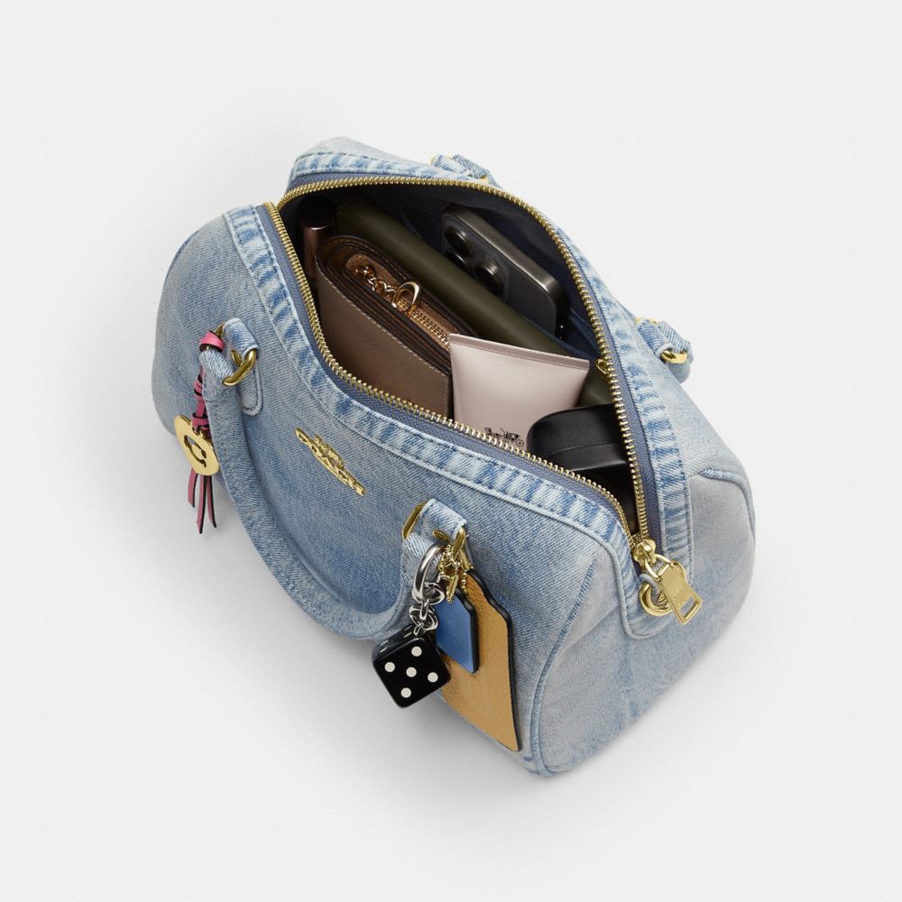 ROWAN SATCHEL BAG IN LOVED DENIM WITH CHARMS