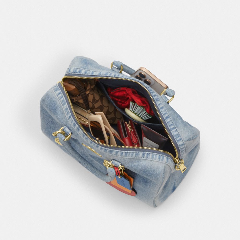 ROWAN LARGE SATCHEL BAG IN LOVED DENIM WITH CHARMS