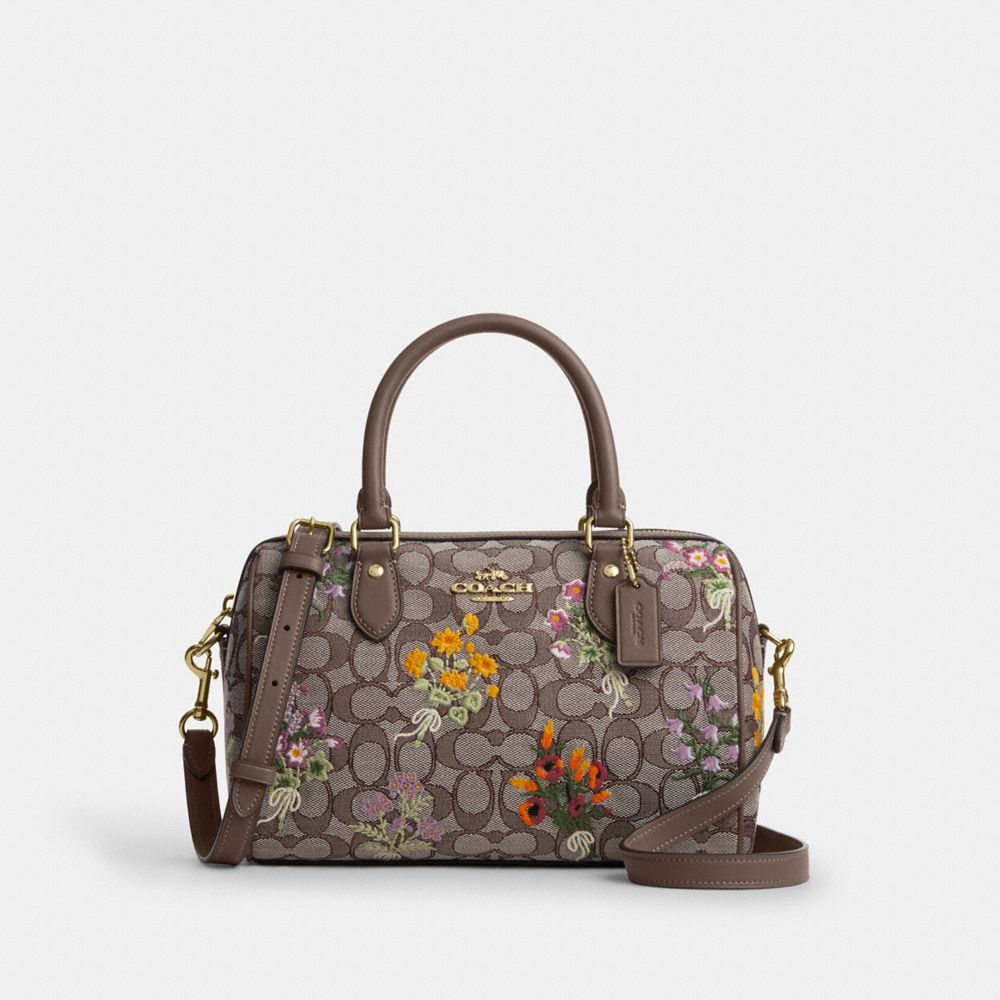 Rowan Satchel Bag In Signature Jacquard With Floral Embroidery - CDZ01 - Gold/Oak Multi