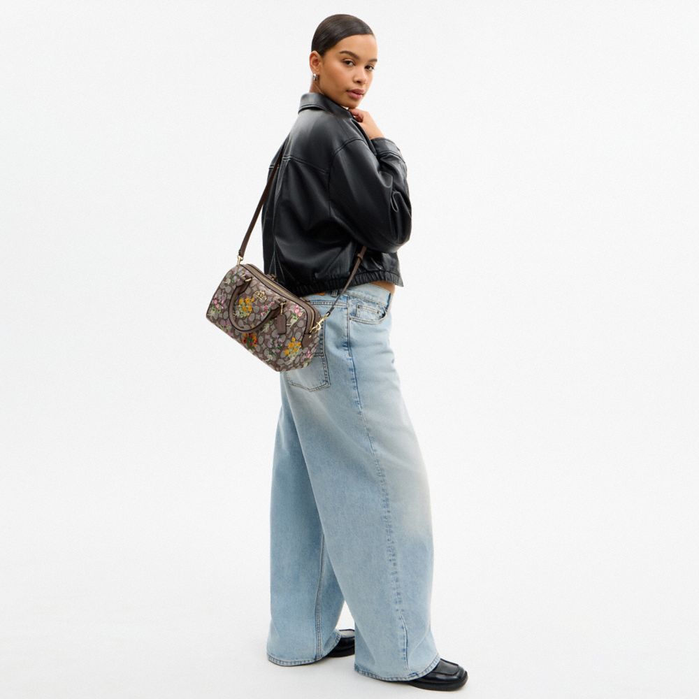 ROWAN SATCHEL BAG IN SIGNATURE JACQUARD WITH FLORAL EMBROIDERY