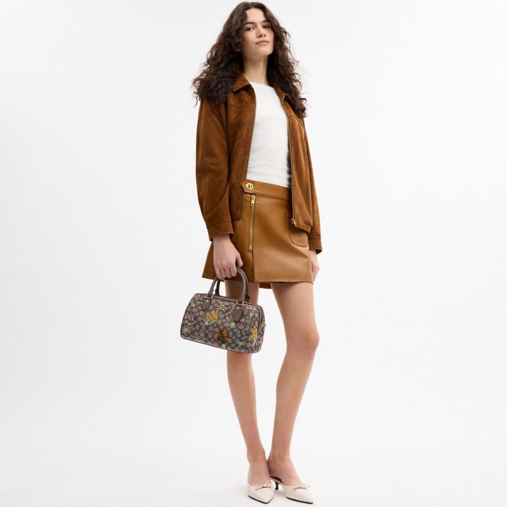 ROWAN SATCHEL BAG IN SIGNATURE JACQUARD WITH FLORAL EMBROIDERY