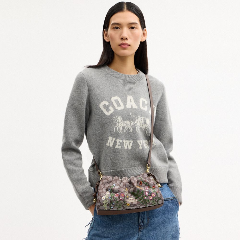 FAYE SHOULDER BAG IN SIGNATURE JACQUARD WITH FLORAL EMBROIDERY