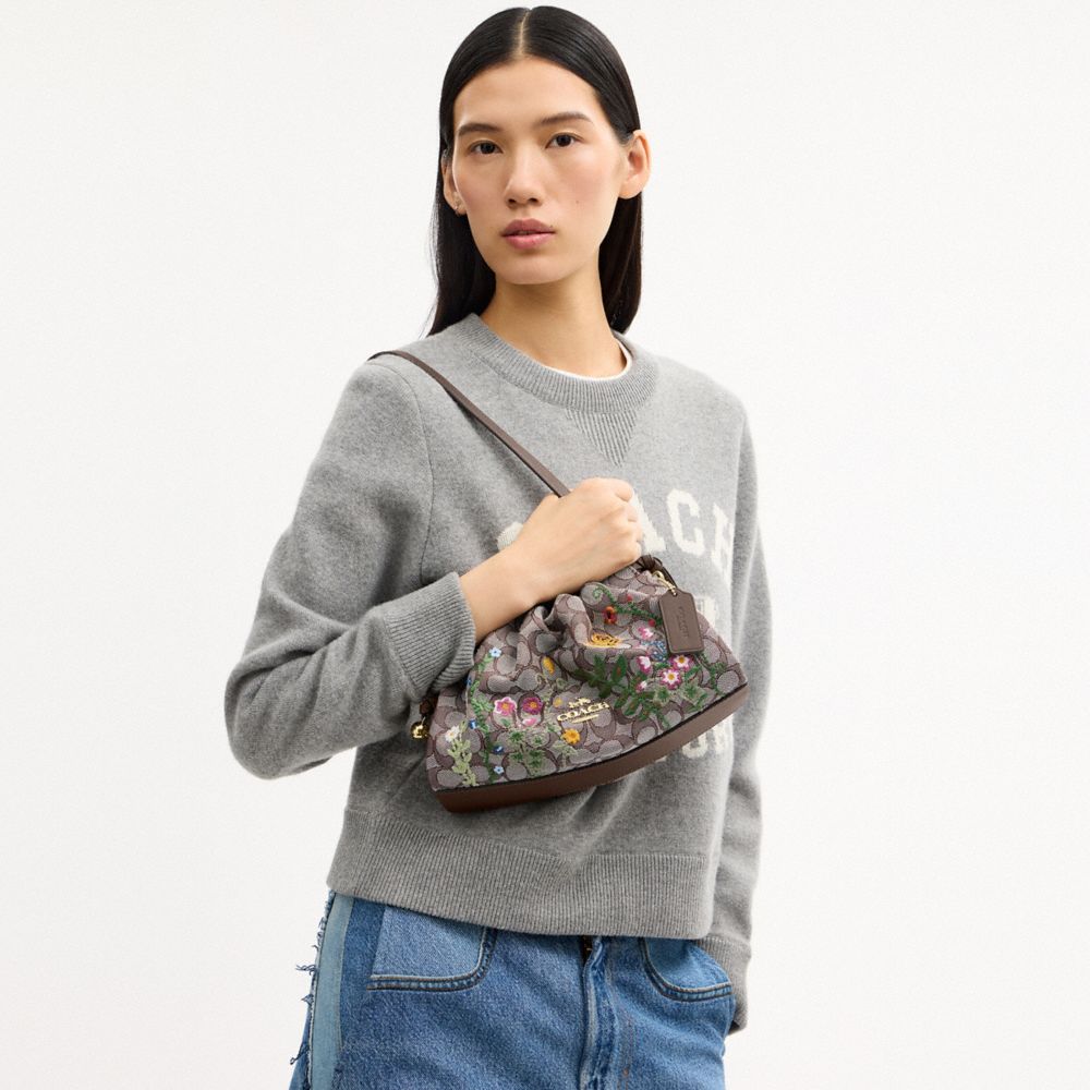 FAYE SHOULDER BAG IN SIGNATURE JACQUARD WITH FLORAL EMBROIDERY