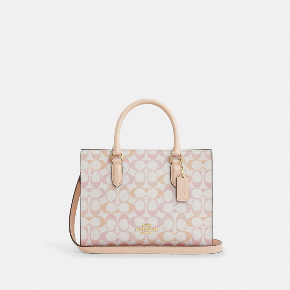 Maggie Small Tote Bag In Signature Canvas - CDZ08 - Gold/Chalk/Pink