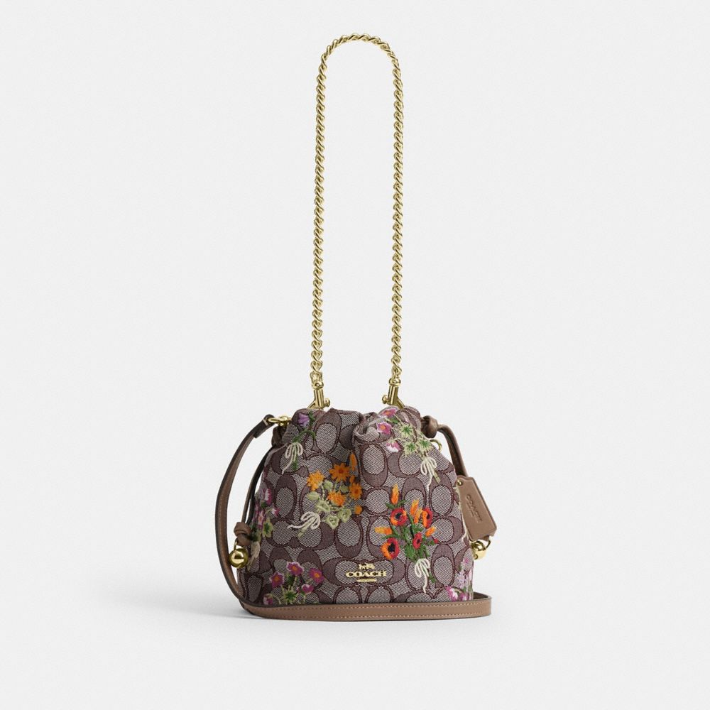COACH CDZ94 Faye Mini Drawstring Bag In Signature Jacquard With Floral Embroidery GOLD/OAK MULTI