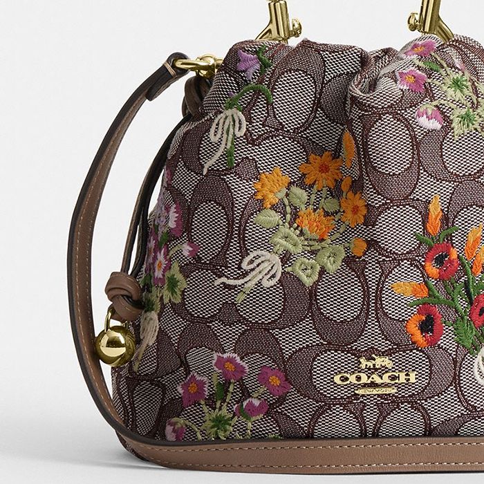 FAYE MINI DRAWSTRING BAG IN SIGNATURE JACQUARD WITH FLORAL EMBROIDERY
