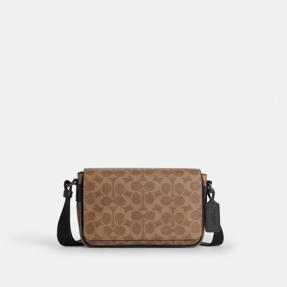 COACH&reg;,Jack Small Flap Crossbody Bag In Signature Canvas,Recycled Polyester,Canvas,Leather,Crossbody,Logo,Adjustable,Lined...,Brown,Front View