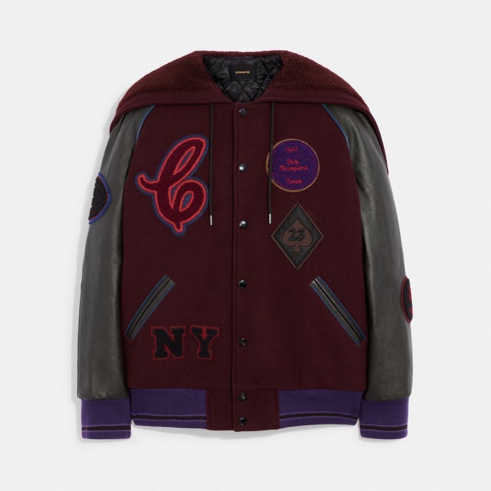 CE268 - Hooded Varsity Jacket In Recycled Wool And Recycled Polyester Burgundy