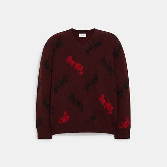 CE280 - Horse And Carriage V Neck Sweater Burgundy