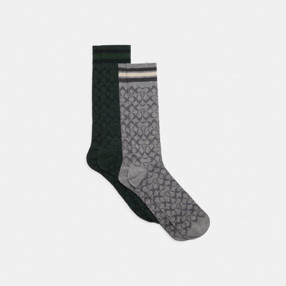 COACH CE281 Signature Calf Length Socks HEATHER GREY/EVERGLADE