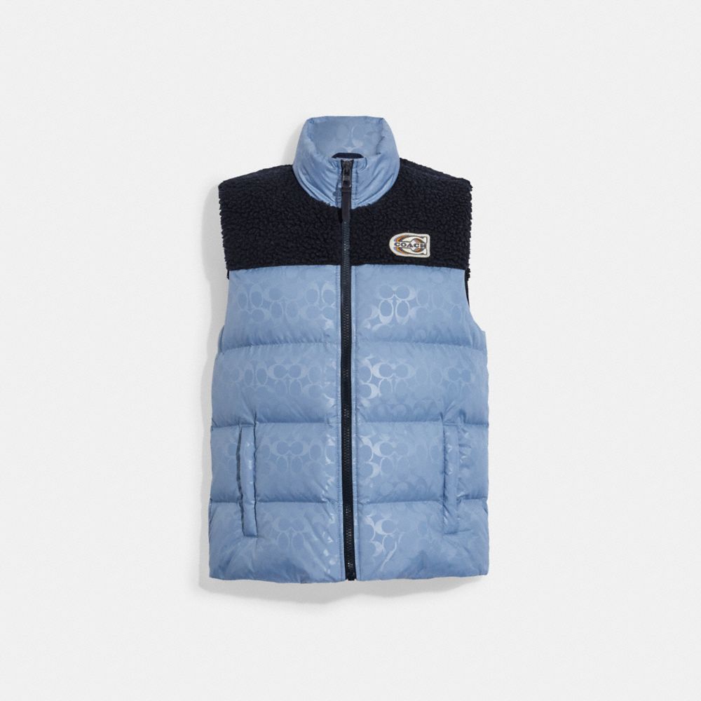 COACH CE332 Signature Colorblock Sherpa Puffer Vest Blue