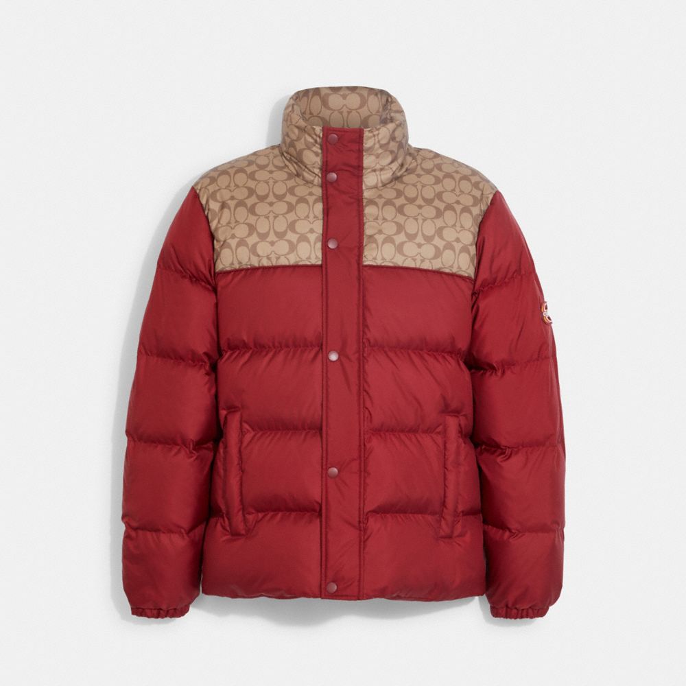 COACH CE333 Colorblock Signature Puffer Jacket KHAKI/RED