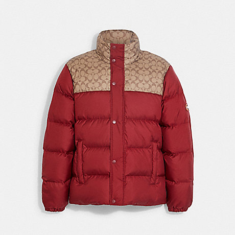 COACH CE333 Colorblock Signature Puffer Jacket Khaki/Red