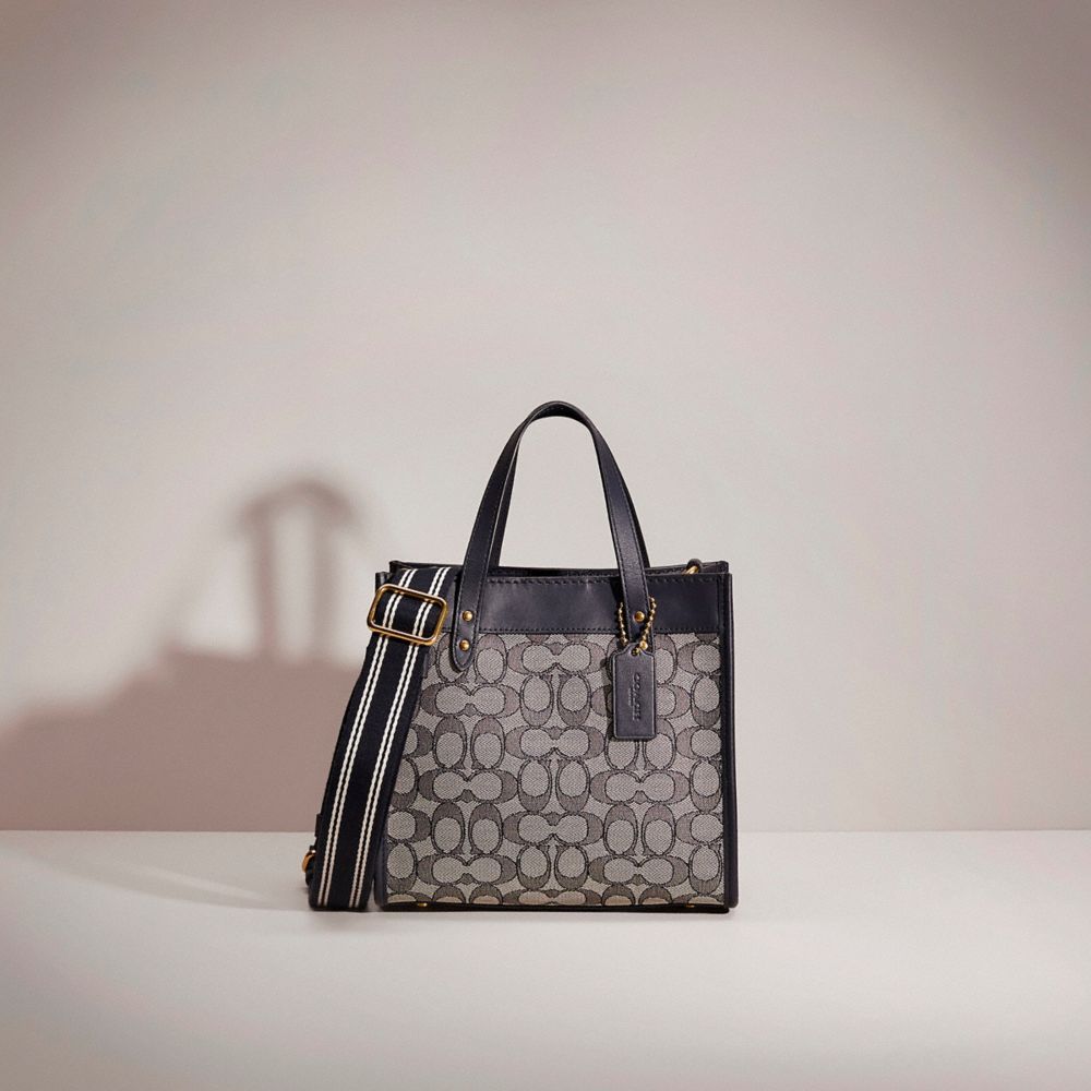 COACH CE383 Restored Field Tote 22 In Signature Jacquard Brass/Navy Midnight Navy