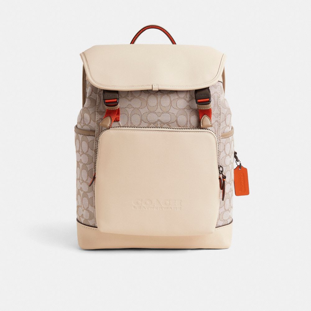 Restored League Flap Backpack In Signature Jacquard - CE384 - Black Copper/Stone/Ivory