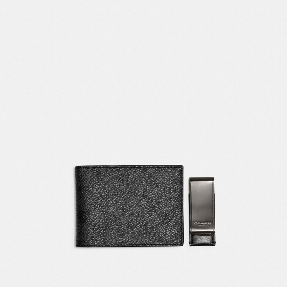 CE441 - Boxed Slim Billfold Wallet And Money Clip Set In Signature Canvas Charcoal/Black