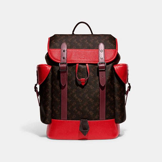 CE473 - Hitch Backpack With Horse And Carriage Print Truffle/Sport Red
