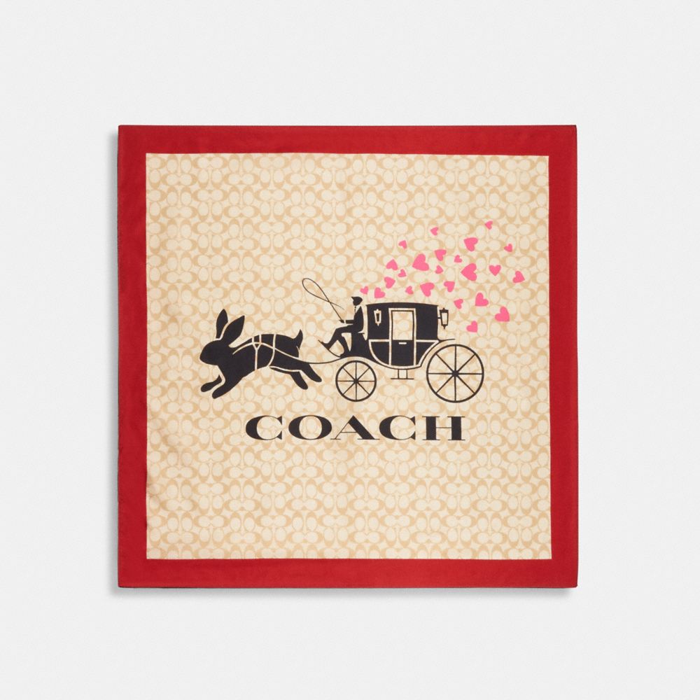 COACH CE475 Lunar New Year Signature Rabbit And Carriage Print Silk Bandana Khaki/1941 Red