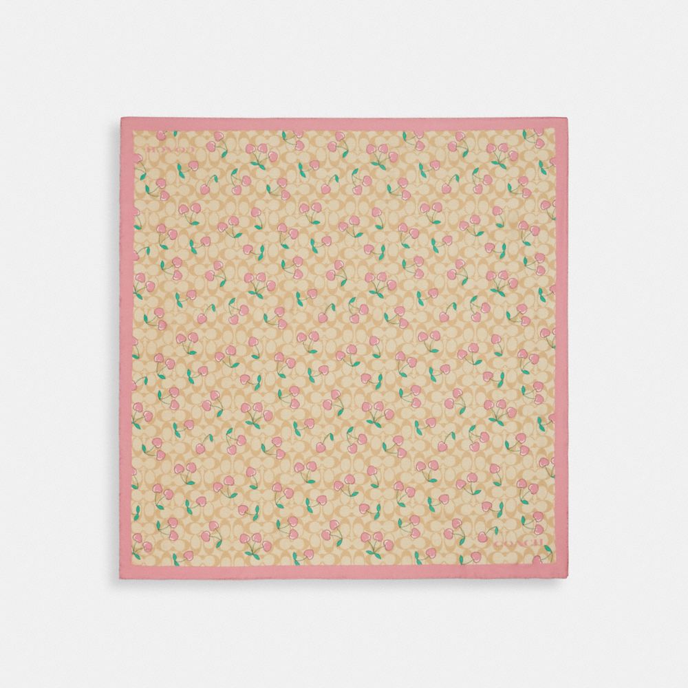 Signature Heart Cherry Print Silk Square Scarf - CE478 - Light Khaki/Pink