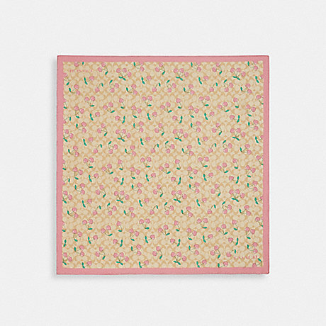 COACH CE478 Signature Heart Cherry Print Silk Square Scarf Light-Khaki/Pink