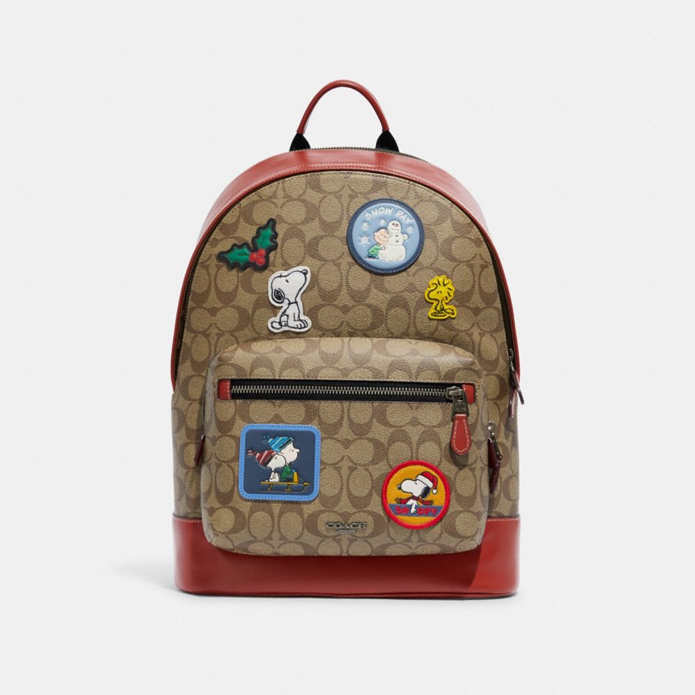 COACH CE487 Coach X Peanuts West Backpack In Signature Canvas With Patches Gunmetal/Khaki Multi