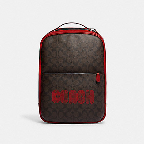 COACH CE489 Westway Backpack In Colorblock Signature Canvas With Coach Patch Gunmetal/Mahogany/Bright-Cardinal