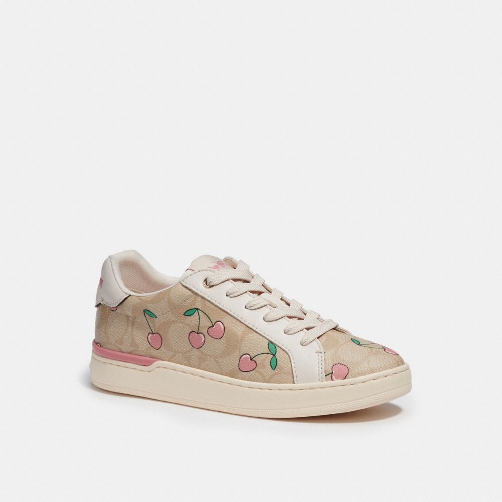 COACH CE509 Clip Low Top Sneaker In Signature Canvas With Heart Cherry Print Khaki/Pink