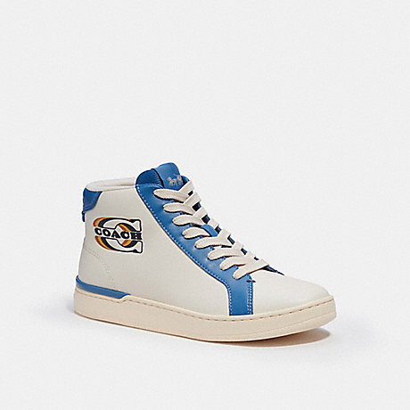 COACH CE512 Clip High Top Sneaker With Patch Chalk/-Sky-Blue
