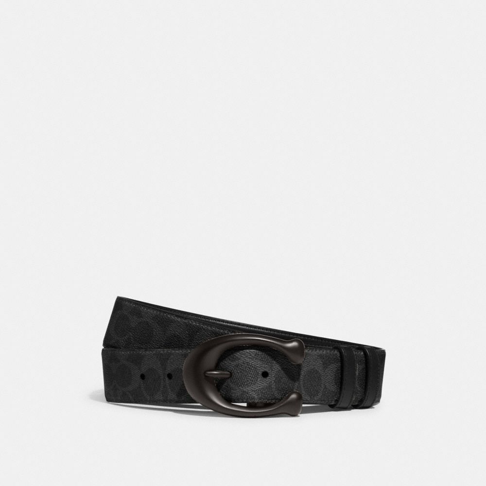 COACH&reg;,Sculpted C Buckle Cut-To-Size Reversible Belt, 40 Mm,Standard,Reversible,Black Metal,Casual,Black,Front View