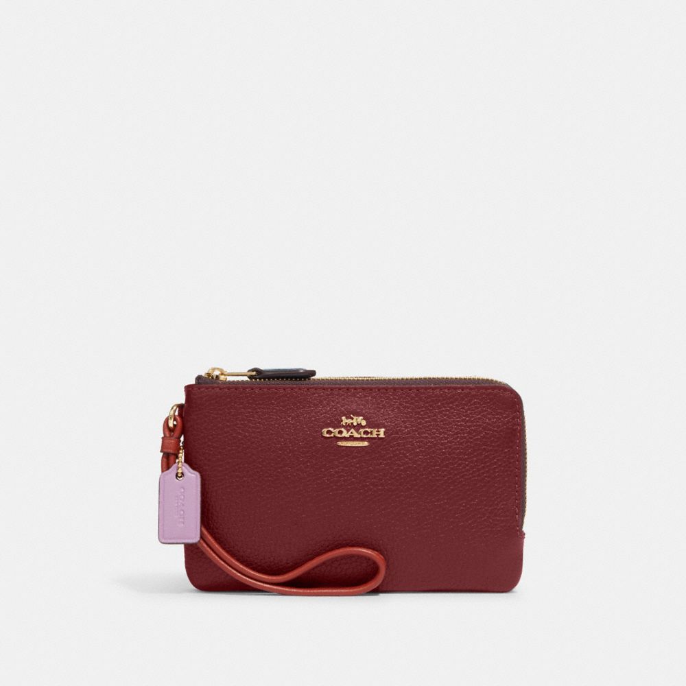 Double Corner Zip Wristlet In Colorblock - CE539 - Gold/Cherry Multi