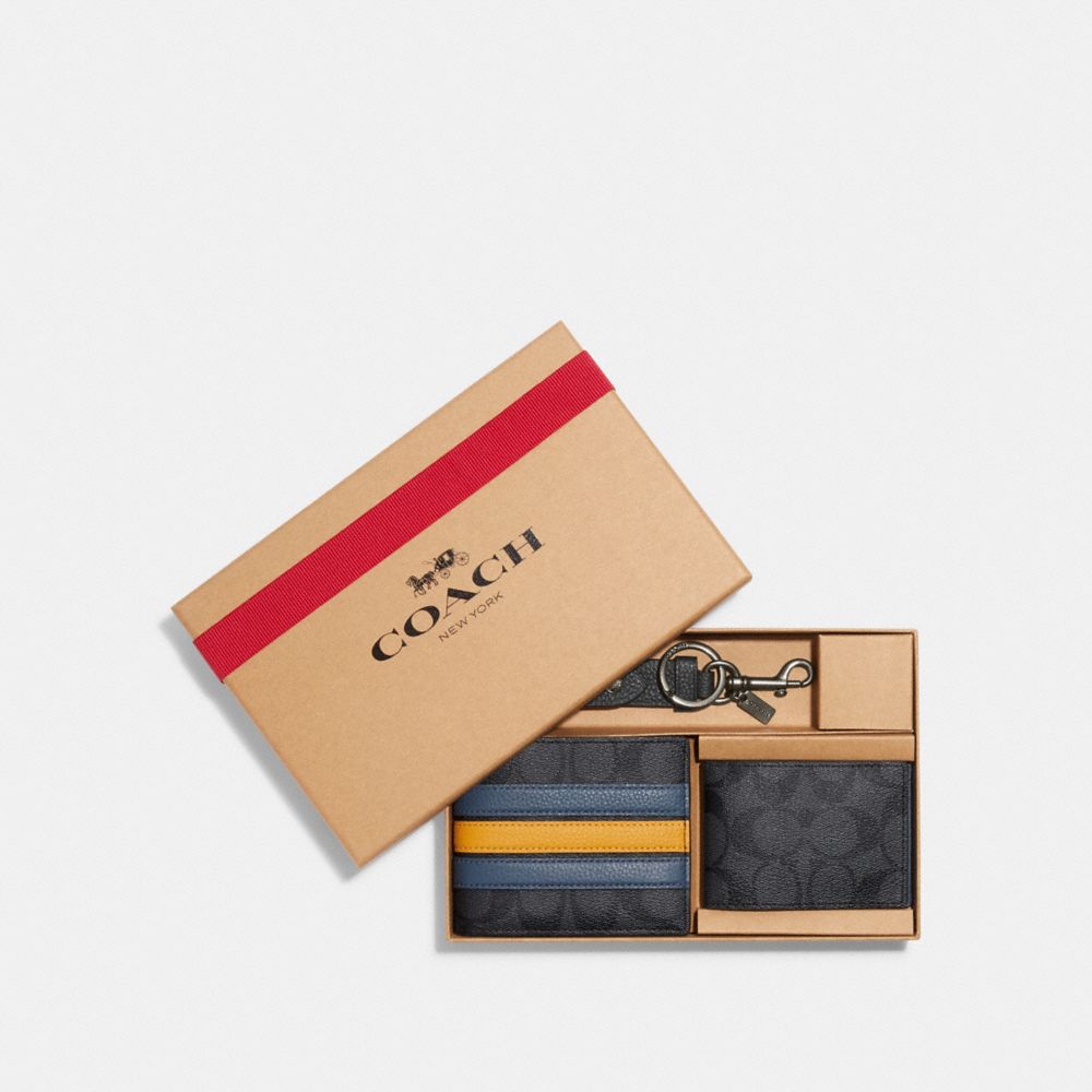 Boxed 3 In 1 Wallet Gift Set In Signature Canvas With Varsity Stripe - CE549 - Gunmetal/Charcoal/Denim Multi