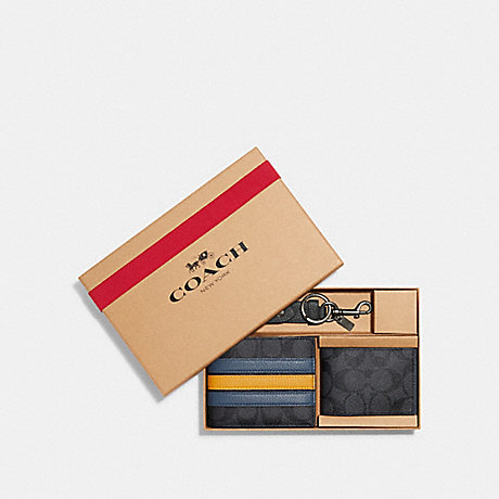 COACH CE549 Boxed 3 In 1 Wallet Gift Set In Signature Canvas With Varsity Stripe Gunmetal/Charcoal/Denim-Multi